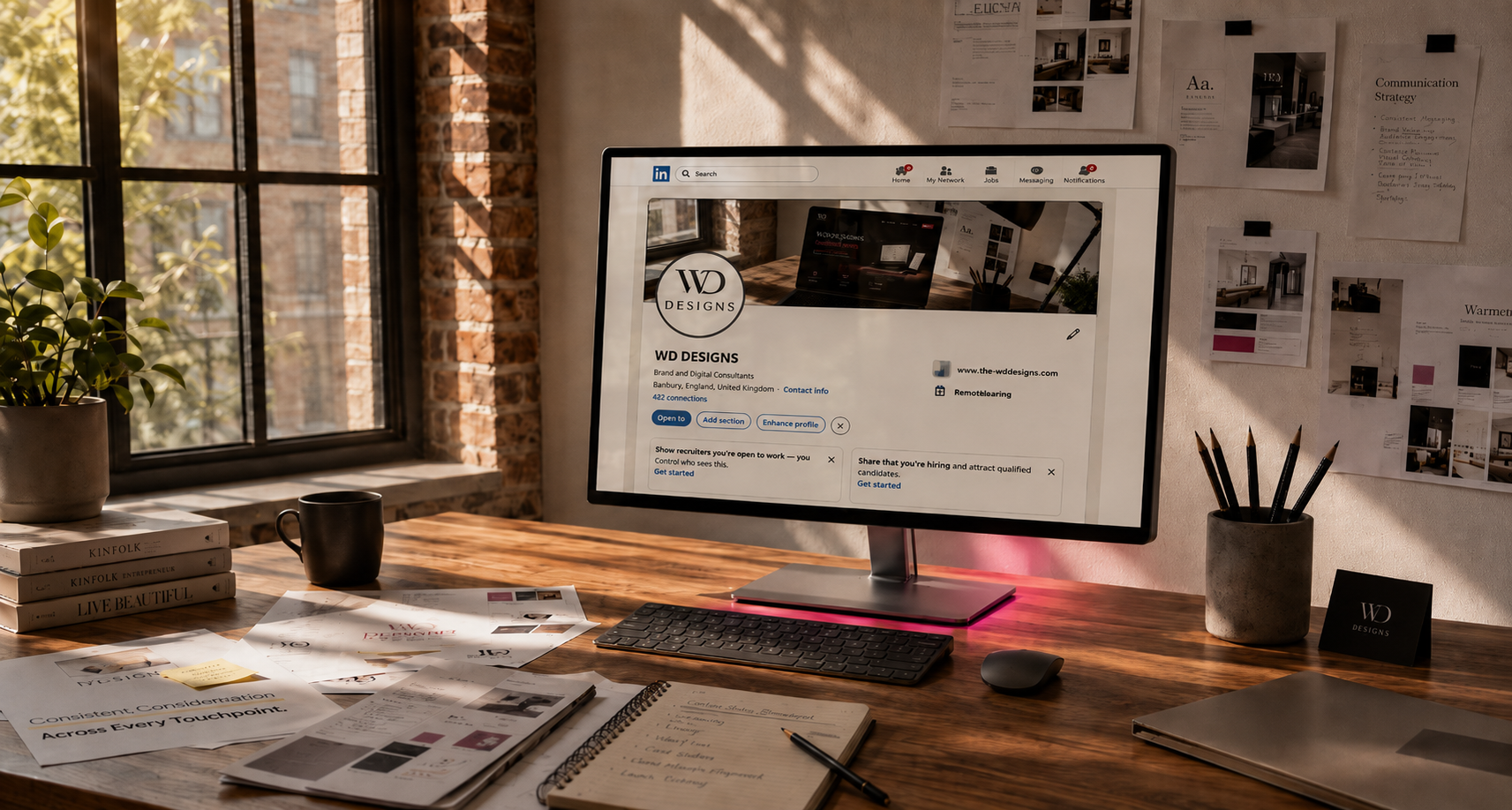 WD Designs light-filled studio workspace showing LinkedIn communication planning and brand mood boards