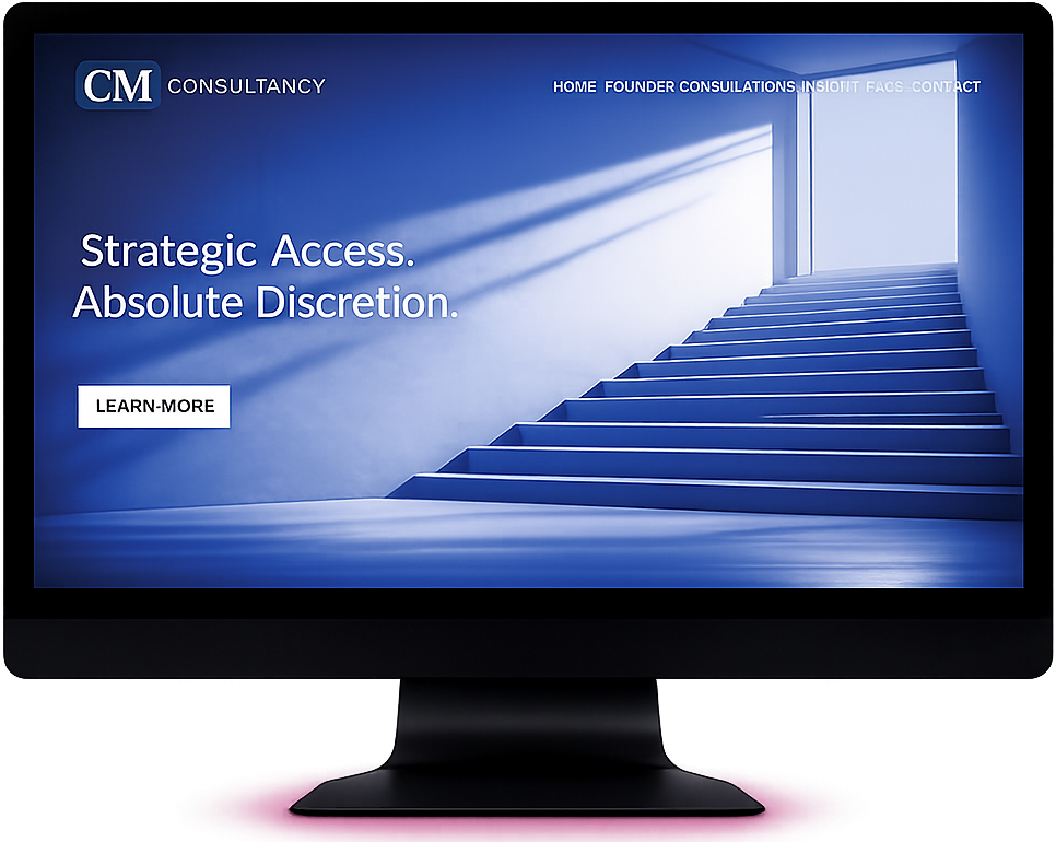 CM Consultancy website displayed on a blue-screen monitor